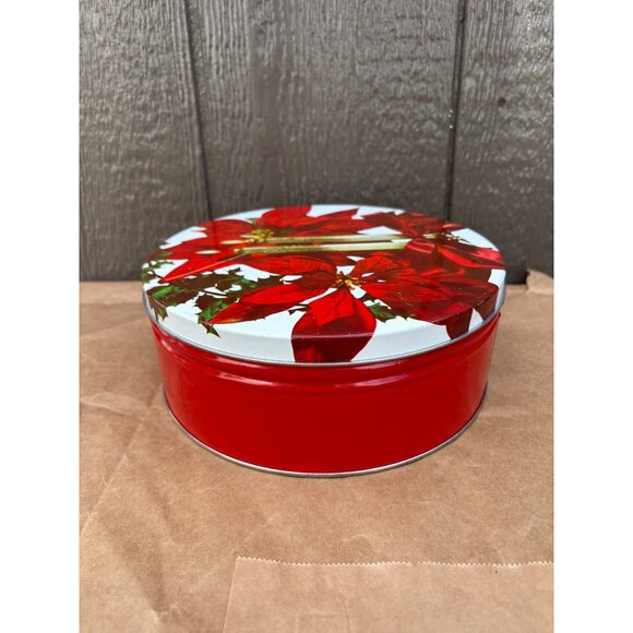 Vintage Red Holiday Tin With Poinsettias & Candle 8" D Winter Christmas - Picture 5 of 8